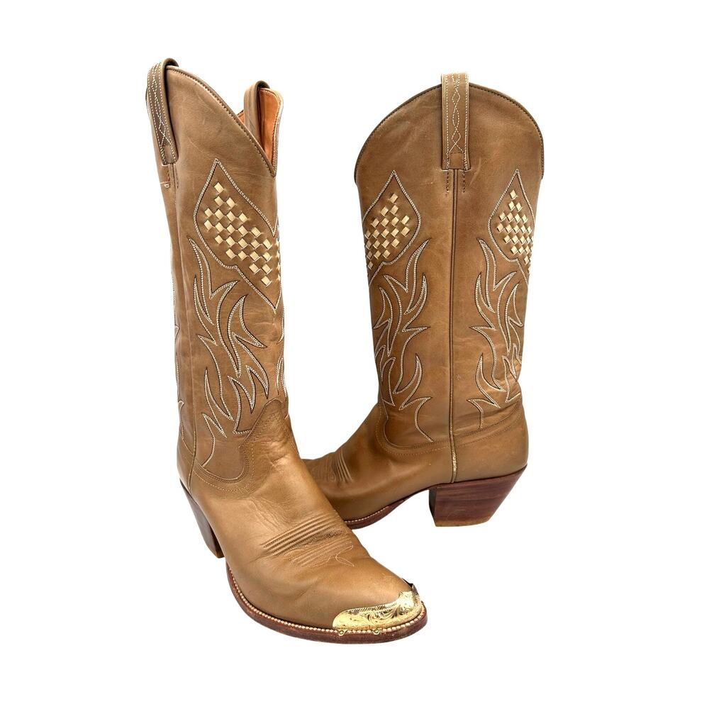 Vintage Dingo leather western cowboy boot Tan embroidered Woven Women’s size 9